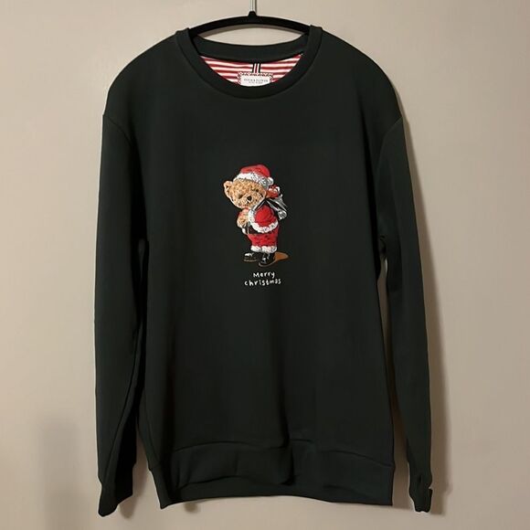 New! Christmas Sweatshirt Santa Bear Denim & Flower Ricky Singh Green Size XL - Picture 1 of 11